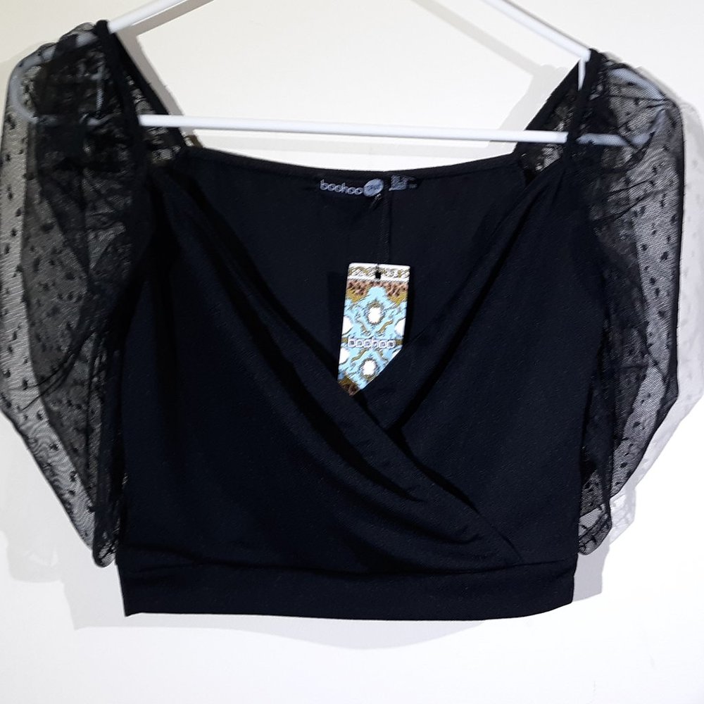 Black Wrap Crop Top with Lace Sleeves New w/ Tags
